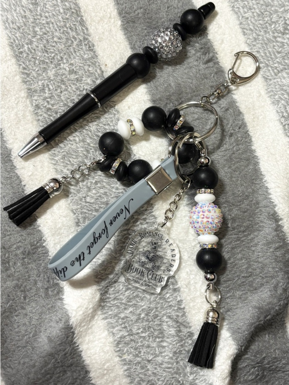 Beaded Sparkle Black and White Keychain with Tassel and Charm and Matching Pen
